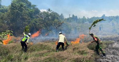 Babinsa Serma Ady Mulyadi Bersama Damkar IMIP Bantu  Padamkan Api Kebakaran Lahan Di Bahodopi