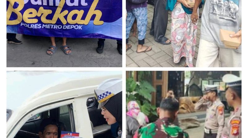 Satlantas Polres Metro Depok Bagi Makanan Kotak Jumat Berkah Sekaligus Geral Operasi Zebra.
